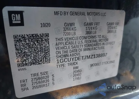 2021 Chevrolet Silverado 1500 4Wd Short Bed Lt из США, поврежденный, VIN 1GCUYDET7MZ138897